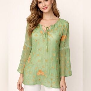 Carole Little 100% Silk Olive Green Gold Flowers Women's Tunic Top Sz 4  Boho